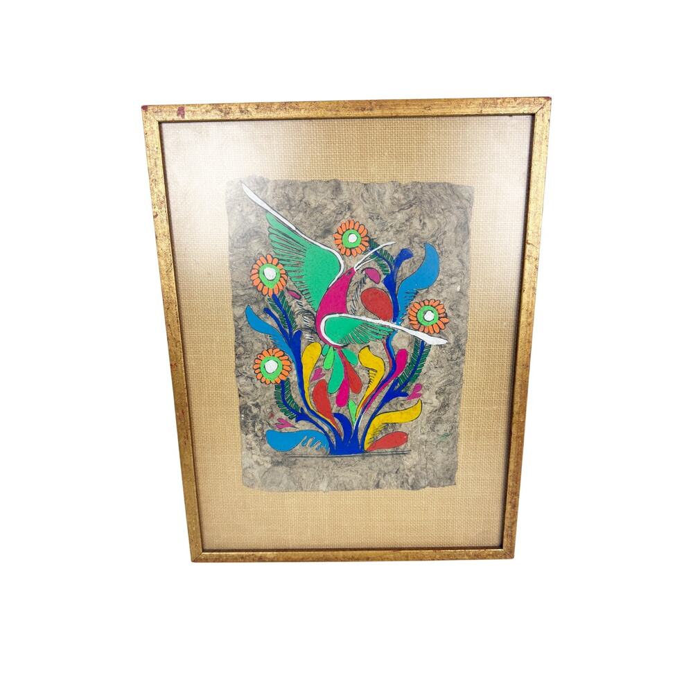 Vintage Mexican Amate Tree Bark Painting Framed Exoctic Bird Floral Folk Art
